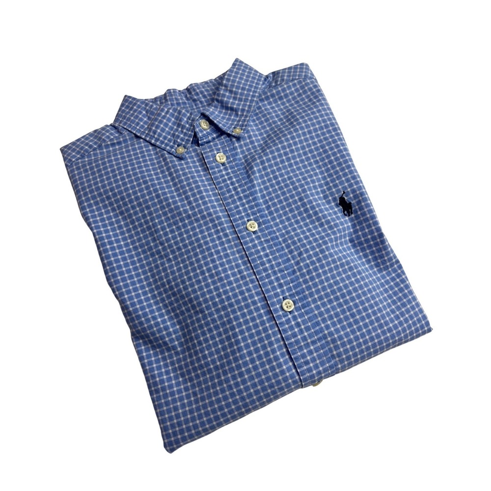 Ralph Lauren Button Down Boy L Blue Check Natural Stretch Preppy Long Sleeve D04